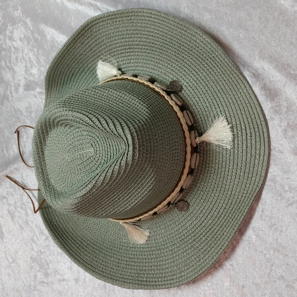 Unisex Woven Western Straw Beach Sun Hat Cowrie Cowry Shells Tassels Sage Green - Picture 4 of 15